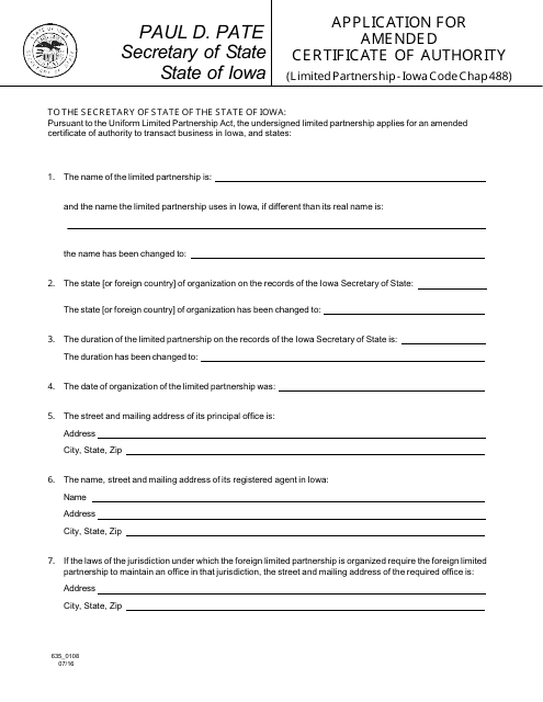 Form 635_0108 Application for Amended Certificate of Authority - Iowa