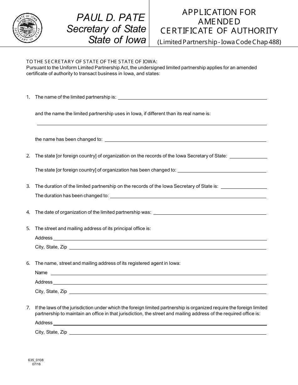Form 635_0108 Application for Amended Certificate of Authority - Iowa, Page 1