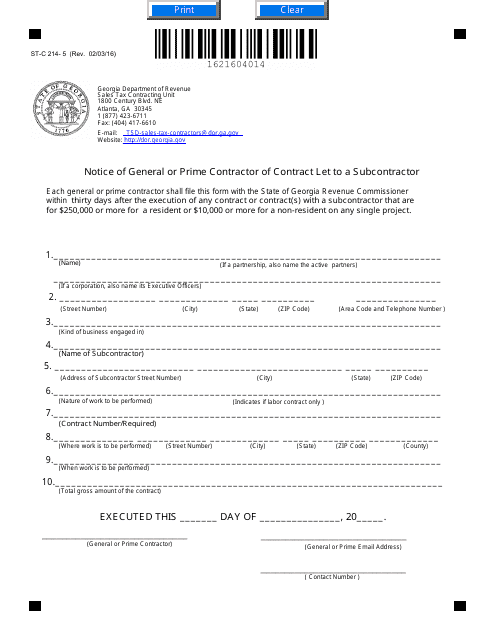 Form ST-C-214-5 Notice of General or Prime Contractor of Contract Let to a Subcontractor - Georgia (United States)