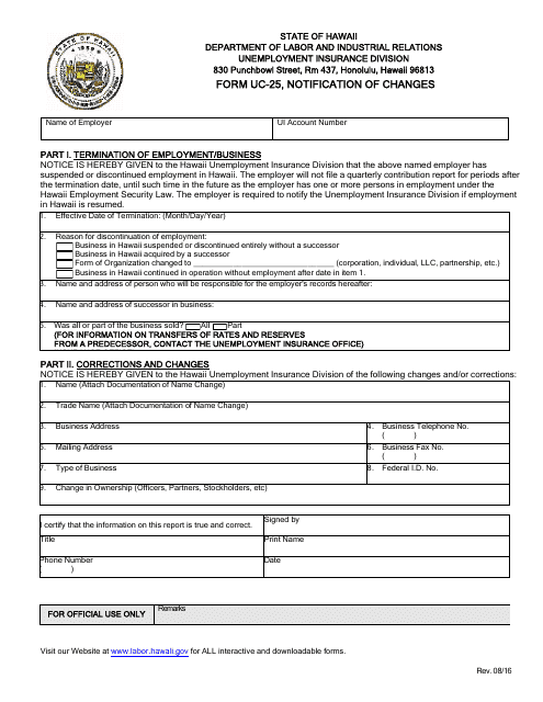 Form UC-25 Notification of Changes - Hawaii