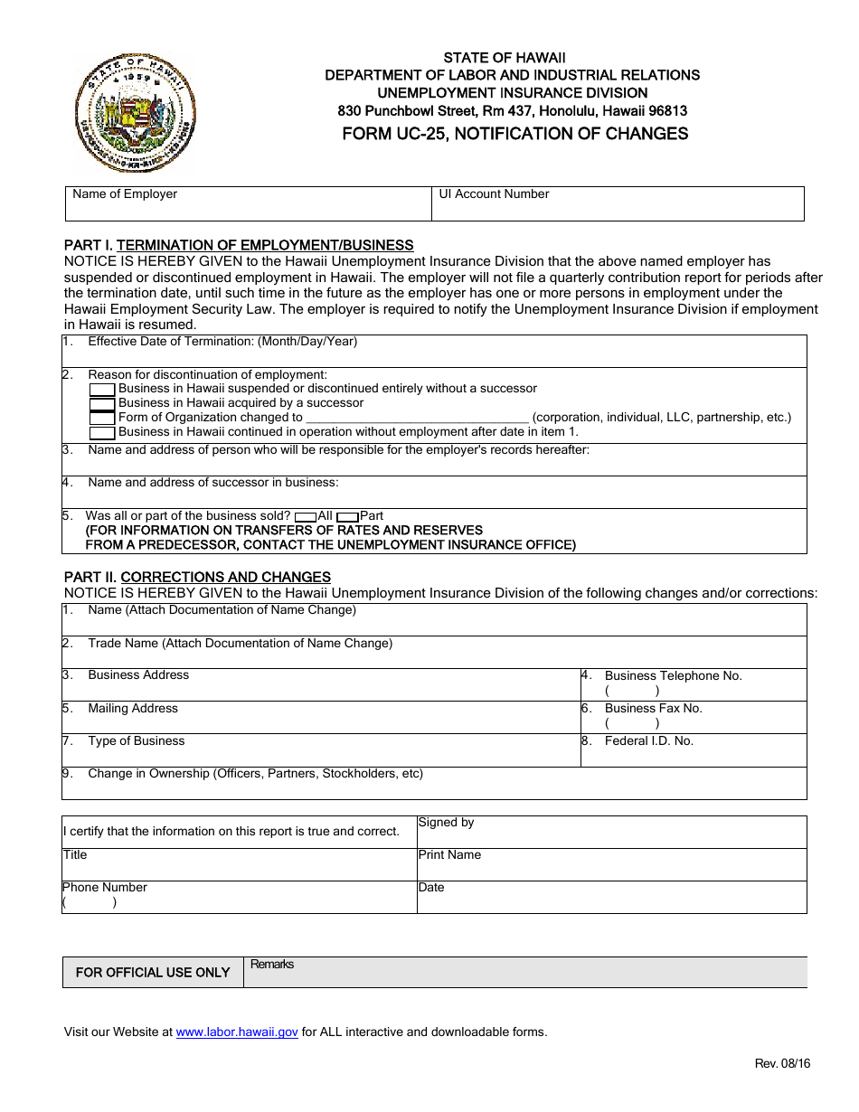 Form UC-25 Notification of Changes - Hawaii, Page 1