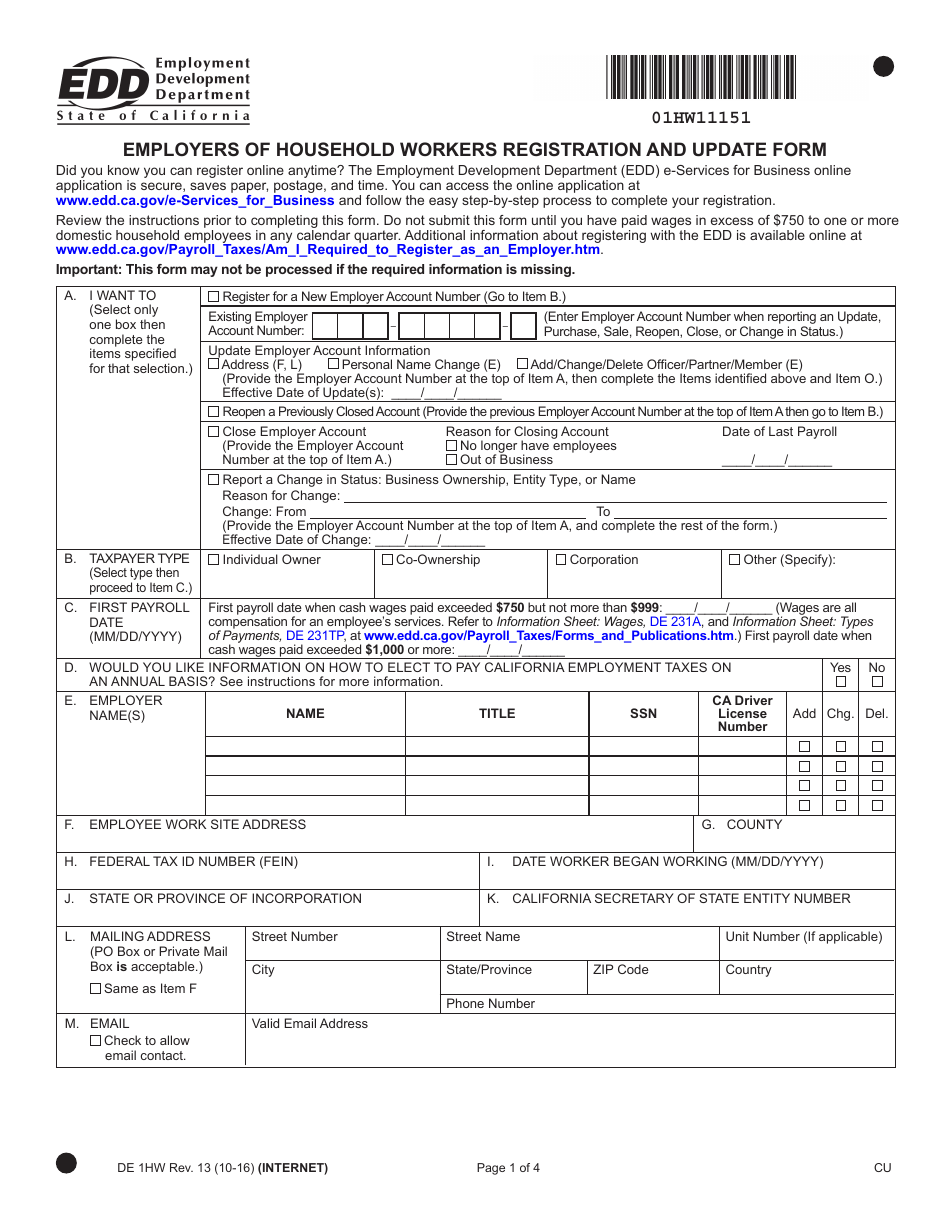Form DE1HW Employers of Household Workers Registration and Update Form - California, Page 1
