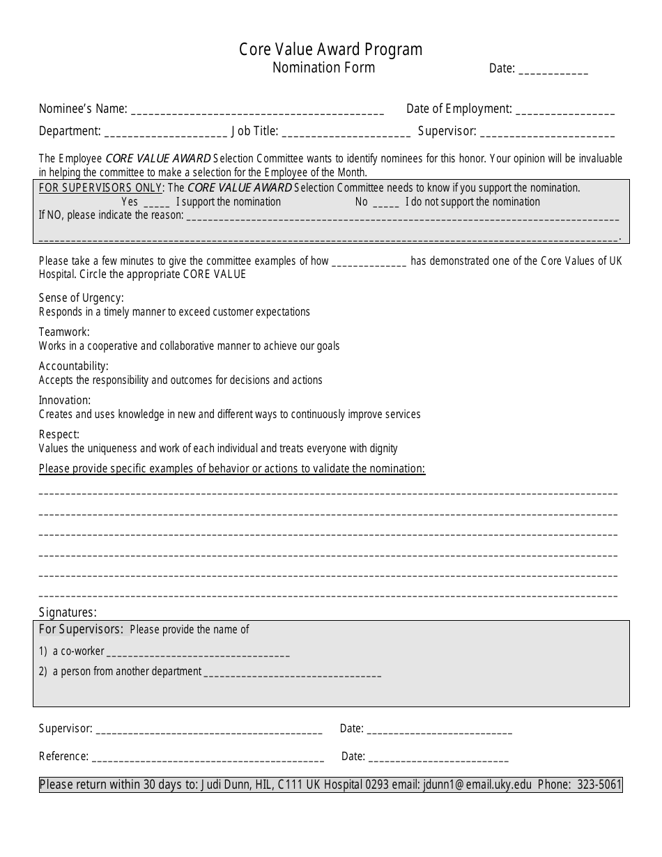 Core Value Award Program Employee Nomination Form, Page 1