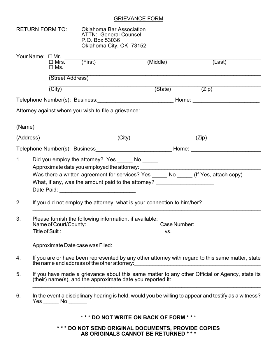 Oklahoma Grievance Form Fill Out Sign Online And Download PDF Templateroller