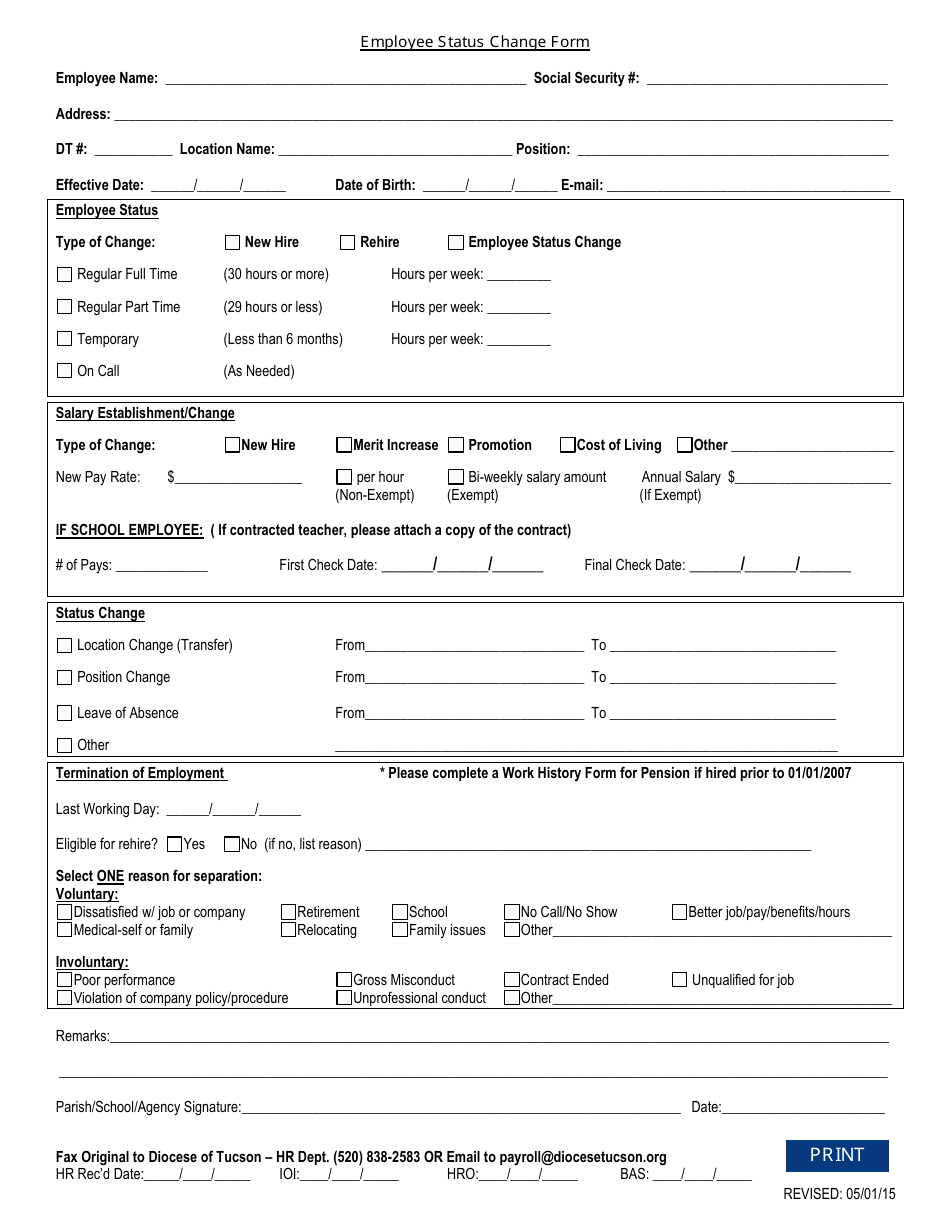 Employee Status Change Form - Arizona, Page 1