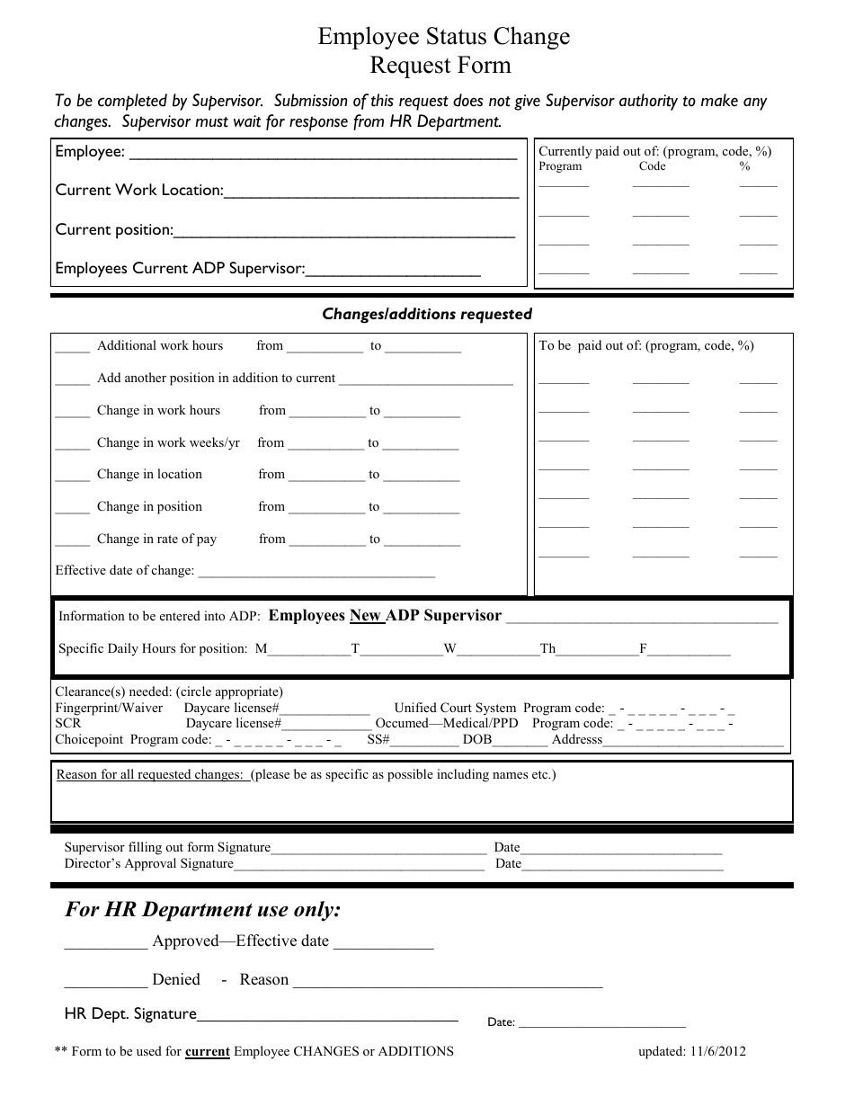 Employee Status Change Request Form, Page 1