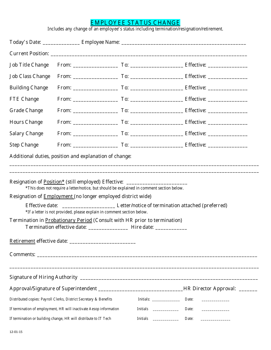 Employee Status Change Request Form Download Printable Pdf