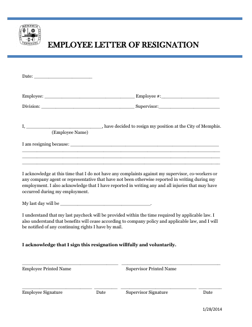 Employee Letter of Resignation Form - Tennessee Download Pdf