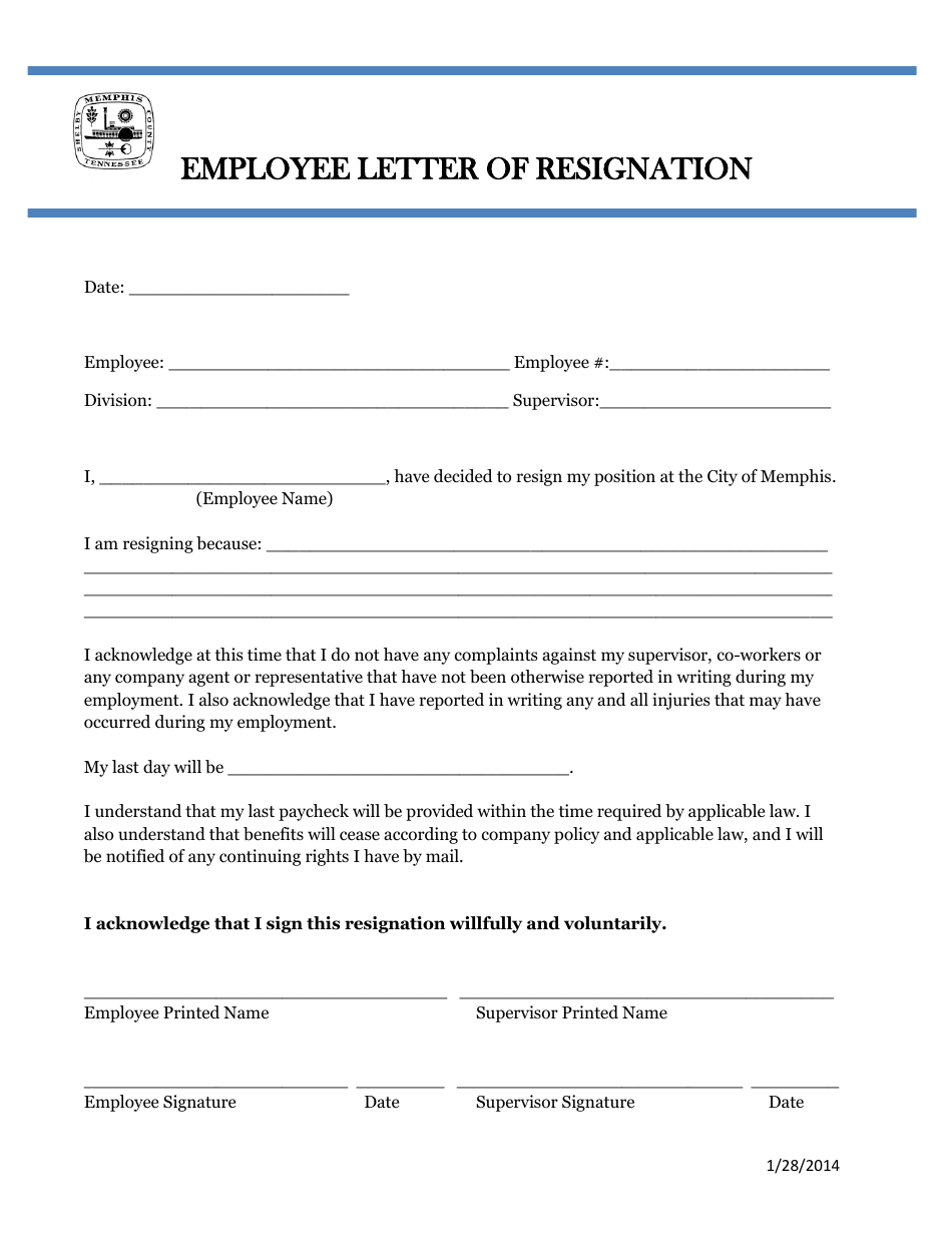 Employee Letter of Resignation Form - Tennessee, Page 1