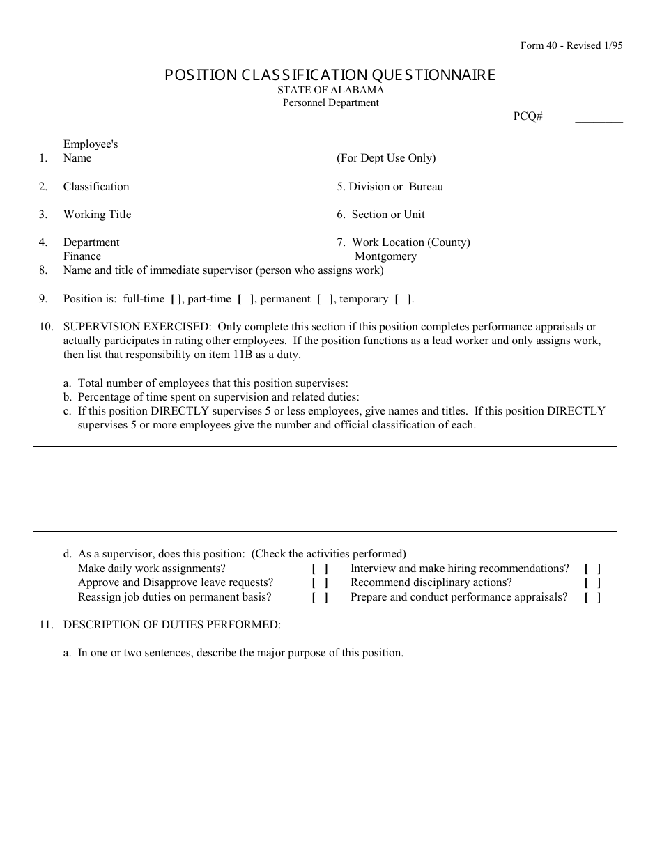 Form 40 Position Classification Questionnaire - Alabama, Page 1