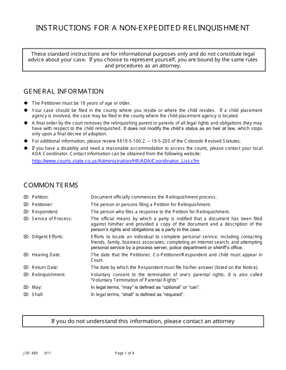 Form JDF489 Instructions for a Non-expedited Relinquishment - Colorado, Page 1