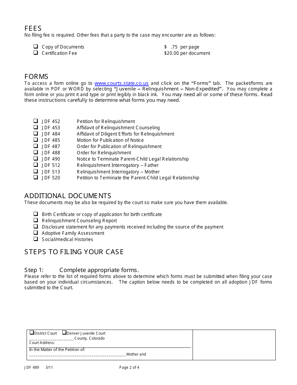 Form JDF489 Instructions for a Non-expedited Relinquishment - Colorado, Page 2