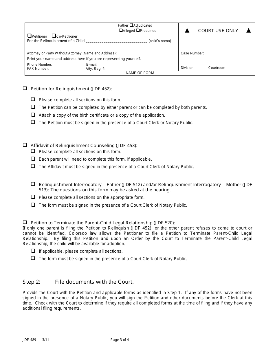 Form JDF489 Instructions for a Non-expedited Relinquishment - Colorado, Page 3