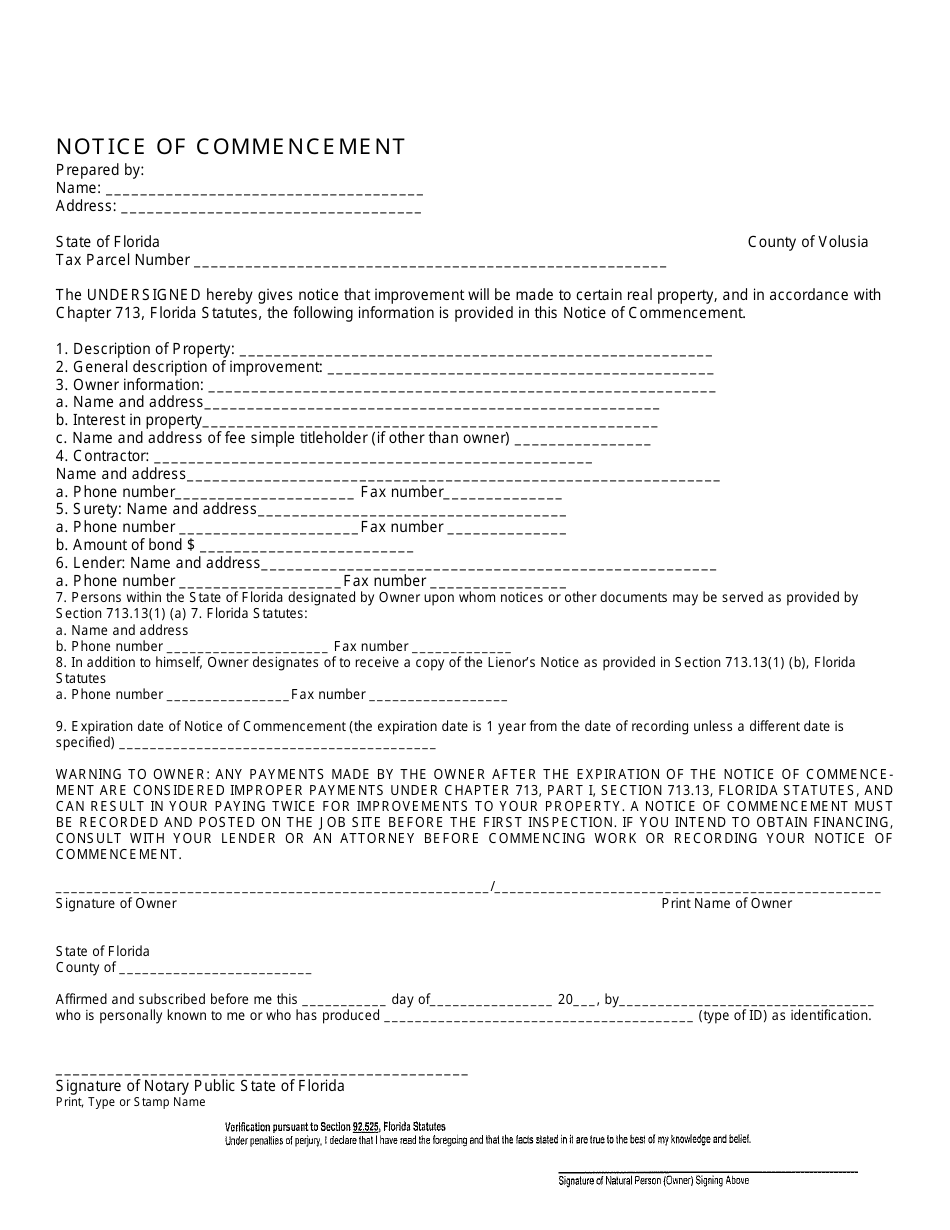 Notice of Commencement Form - County of Volusia, Florida, Page 1