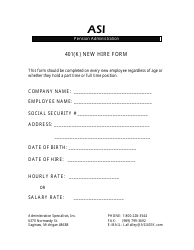 Document preview: 401(K) New Hire Form - Asi Pension Administration