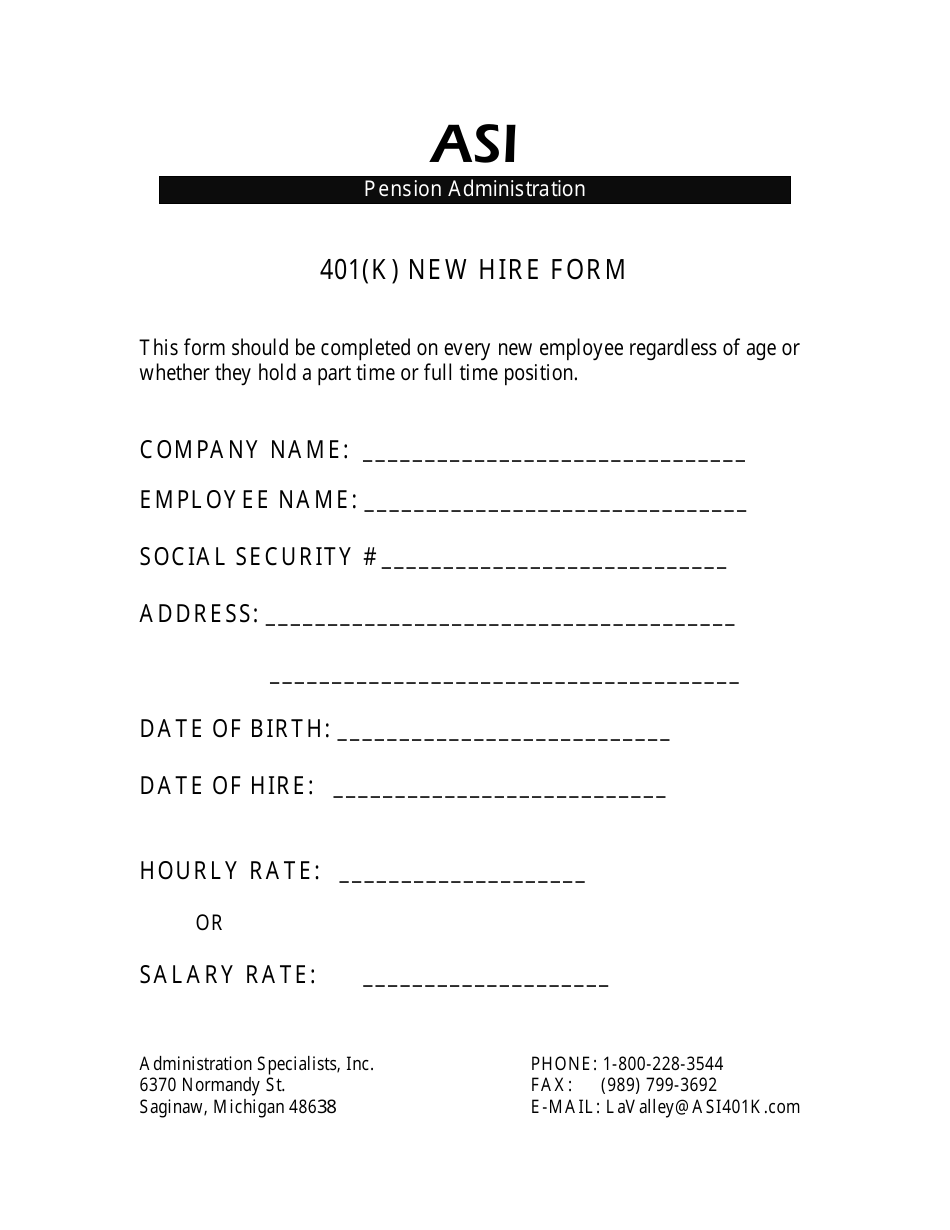 401(K) New Hire Form - Asi Pension Administration, Page 1