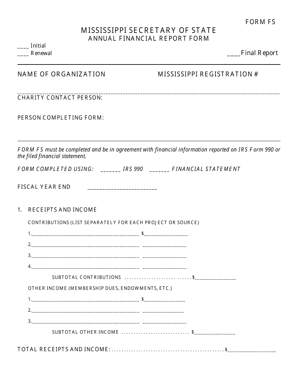 Form FS Annual Financial Report Form - Mississippi, Page 1