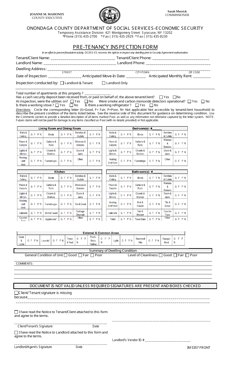 Form IM5357 Attachment 5 Pre-tenancy Inspection Form - Onondaga County, New York, Page 1