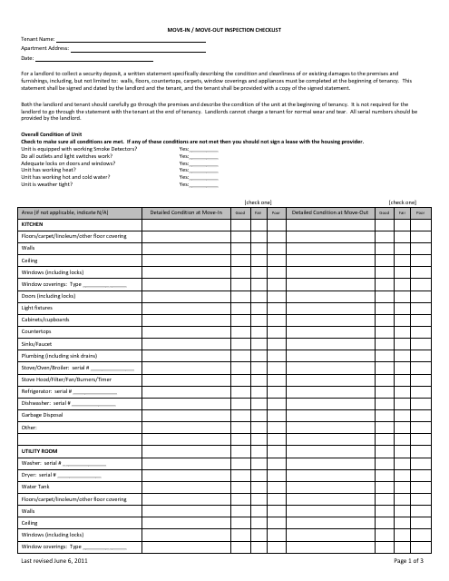 &quot;Move-In/Move-Out Housing Inspection Checklist Template&quot; Download Pdf