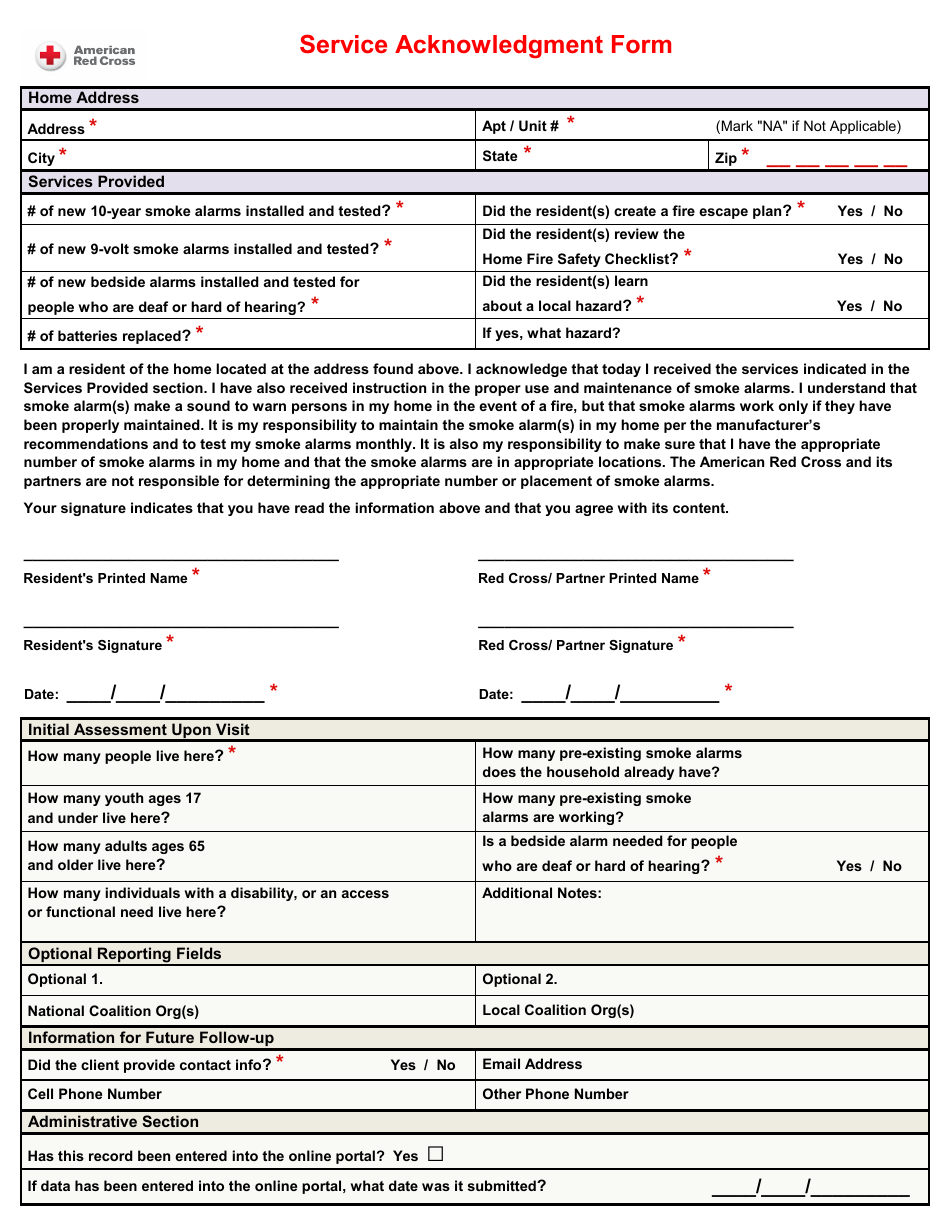 Service Acknowledgment Form - American Red Cross, Page 1