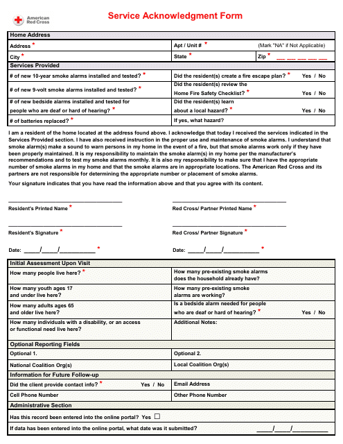 Service Acknowledgment Form - American Red Cross Download Pdf