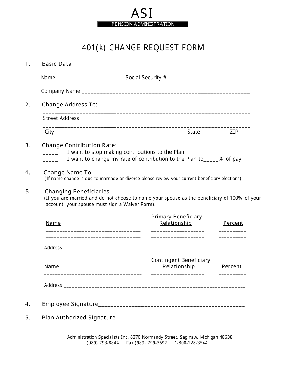 401(K) Change Request Form - Asi Pension Administration - Michigan, Page 1