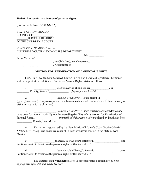 Form 10-540 Motion for Termination of Parental Rights - Children&#039;s Court - New Mexico