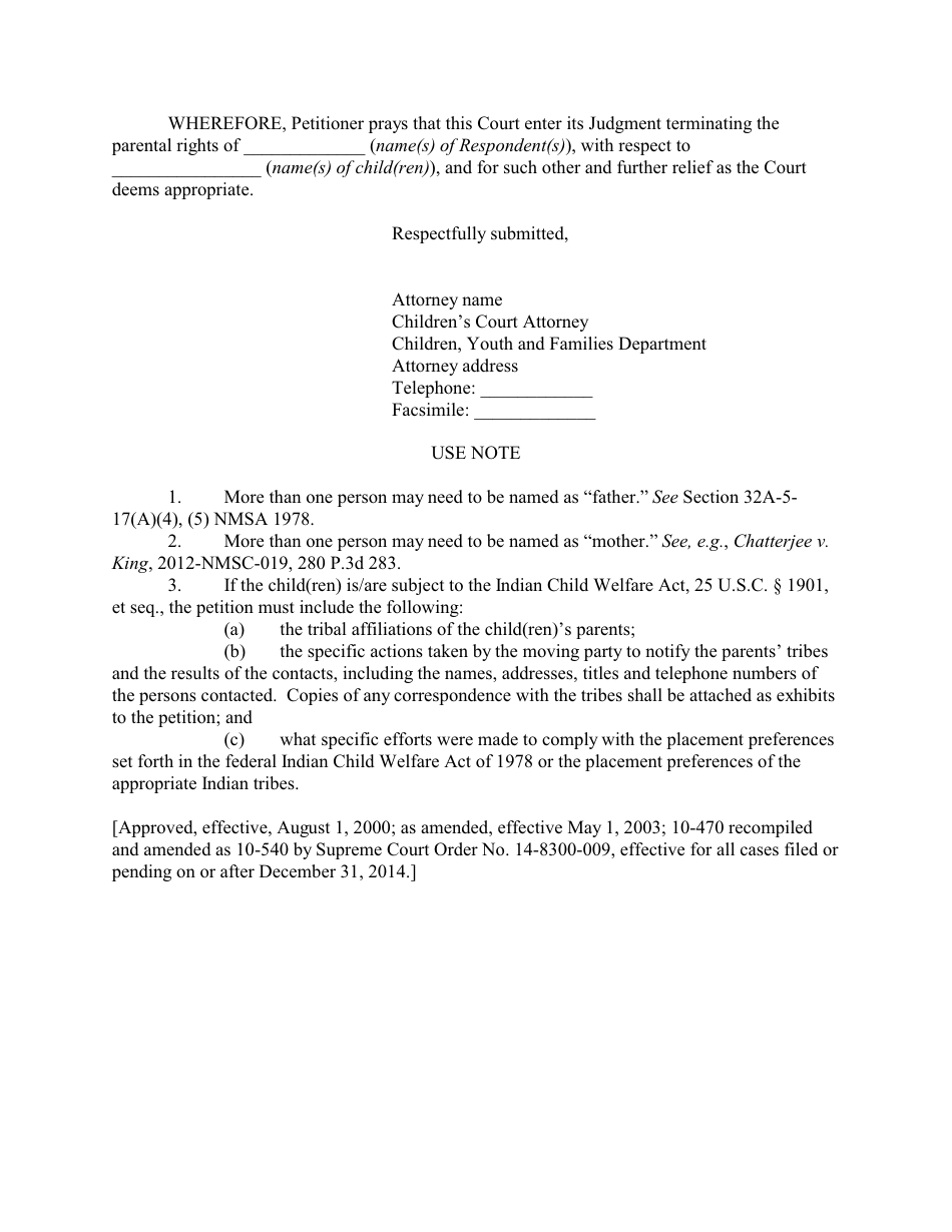 Form 10-540 Motion for Termination of Parental Rights - Childrens Court - New Mexico, Page 3