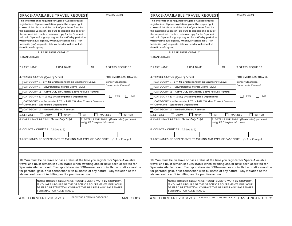 AMC Form 140 Space-Available Travel Request, Page 1