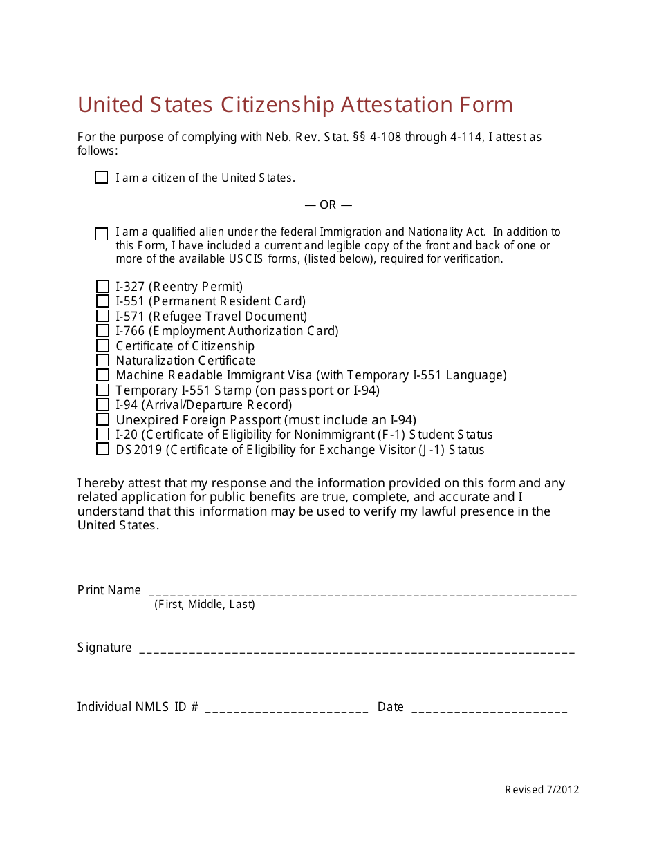 United States Citizenship Attestation Form - Nebraska, Page 1