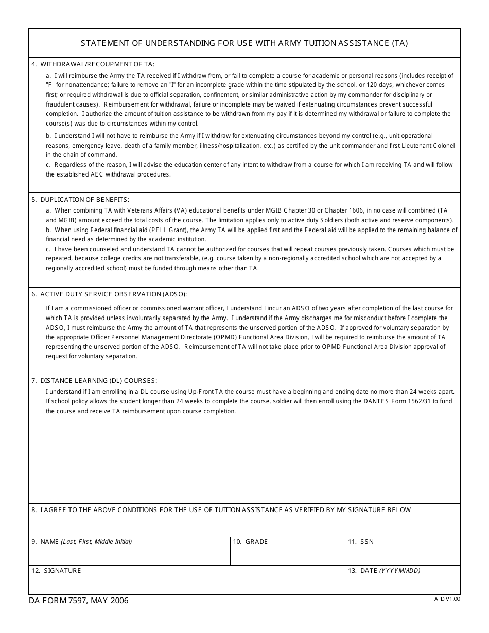 DA Form 7597 Statement of Understanding for Use With Army Tuition Assistance (Ta), Page 2