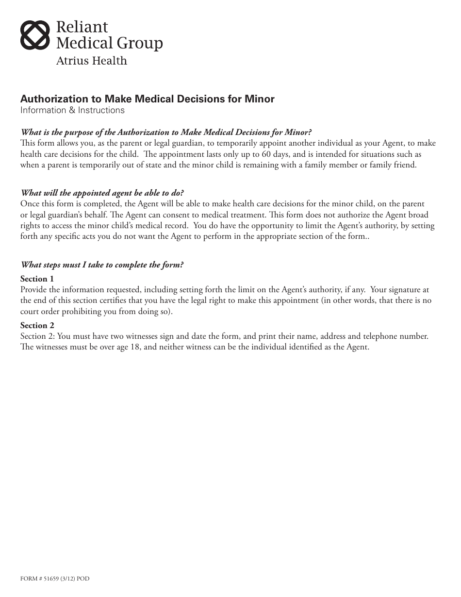 Authorization to Make Medical Decisions for Minor - Reliant Medical Group, Page 1