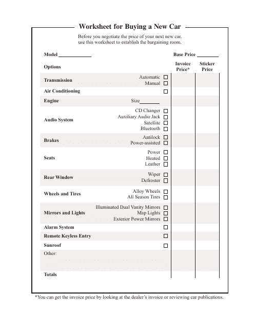&quot;Car Buying Worksheet Template&quot; Download Pdf