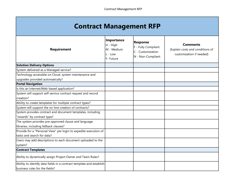 Contract Management Rfp Spreadsheet Template