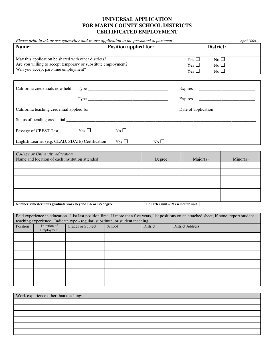 Universal Application for Certificated Employment Marin County School