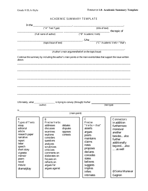 Academic Summary Template for Grade 8 Download Pdf