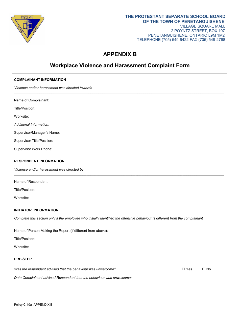 Workplace Violence and Harassment Complaint Form - the Protestant Separate School Board of the Town of Penetanguishene - Canada, Page 1