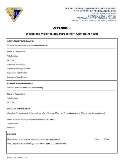 &quot;Workplace Violence and Harassment Complaint Form - the Protestant Separate School Board of the Town of Penetanguishene&quot; - Canada Download Pdf
