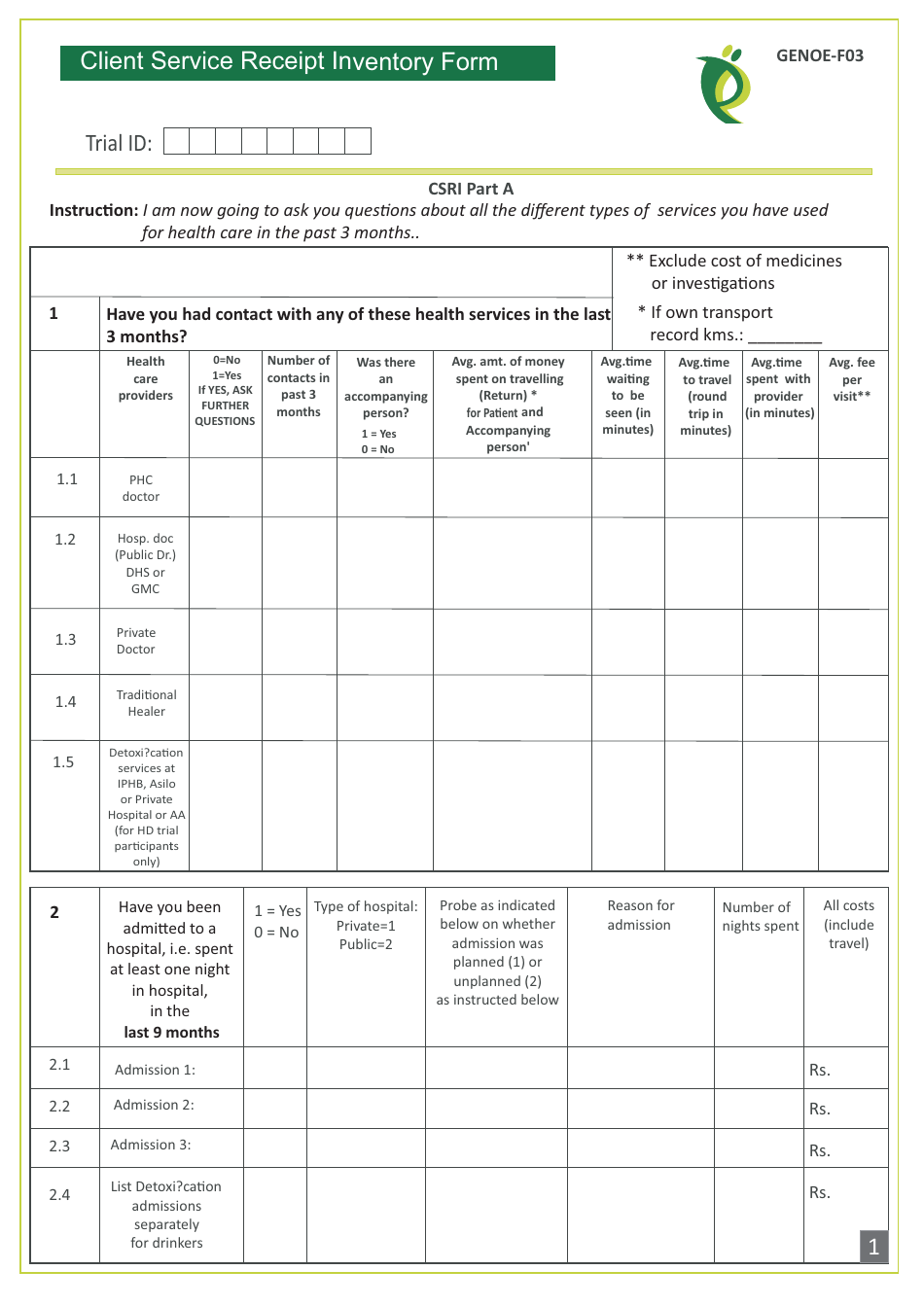 Client Service Receipt Inventory Form - London School of Hygiene  Tropical Medicine, Page 1