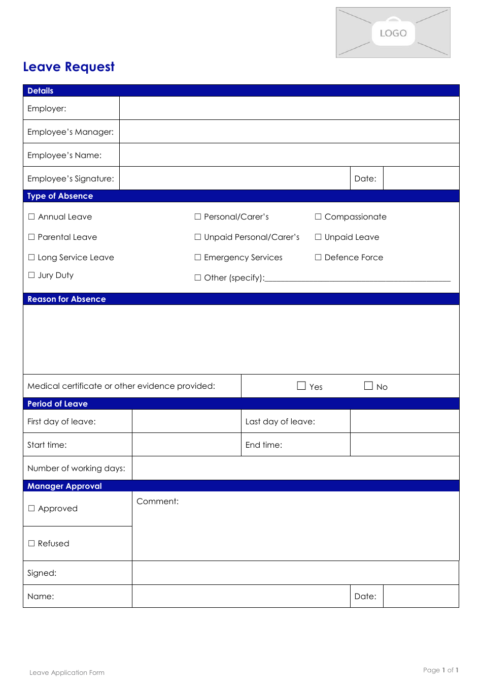 Leave Application Form - Blue, Page 1
