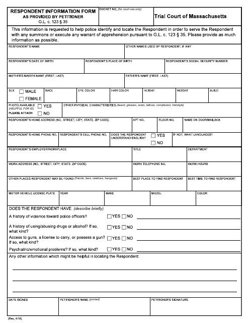 "Respondent Information Form as Provided by Petitioner" - Massachusetts Download Pdf