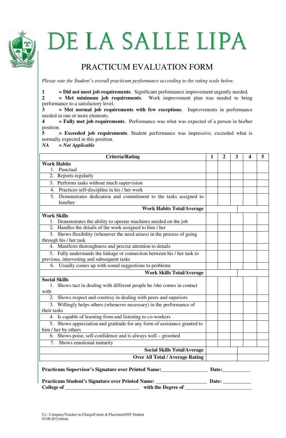 Practicum Evaluation Form - De La Salle Lipa University, Page 1
