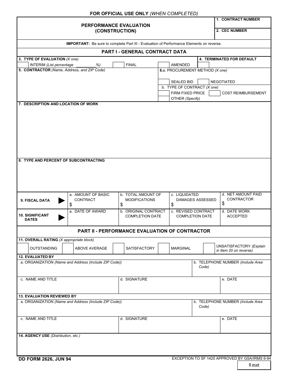 DD Form 2626 Performance Evaluation (Construction), Page 1
