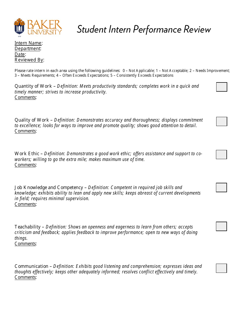 Document Preview - Student Intern Performance Review Template - Baker University