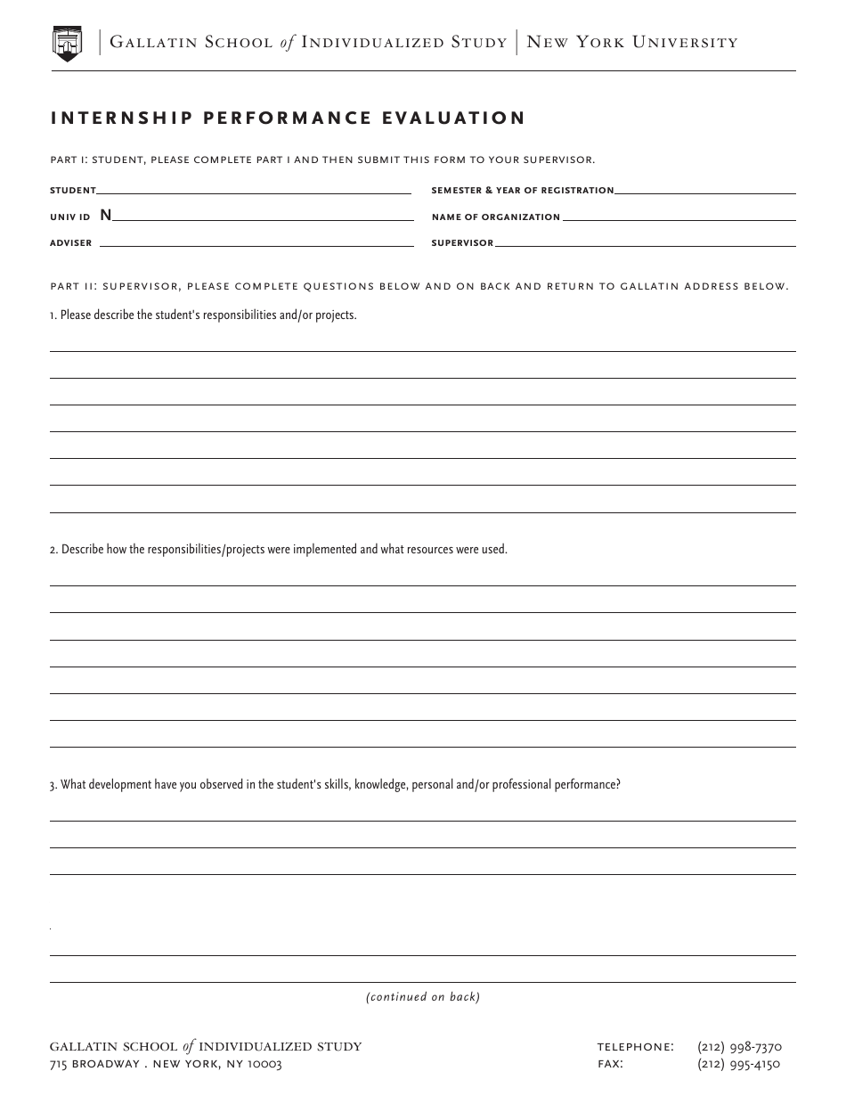 Internship Performance Evaluation Form New York University Fill Out