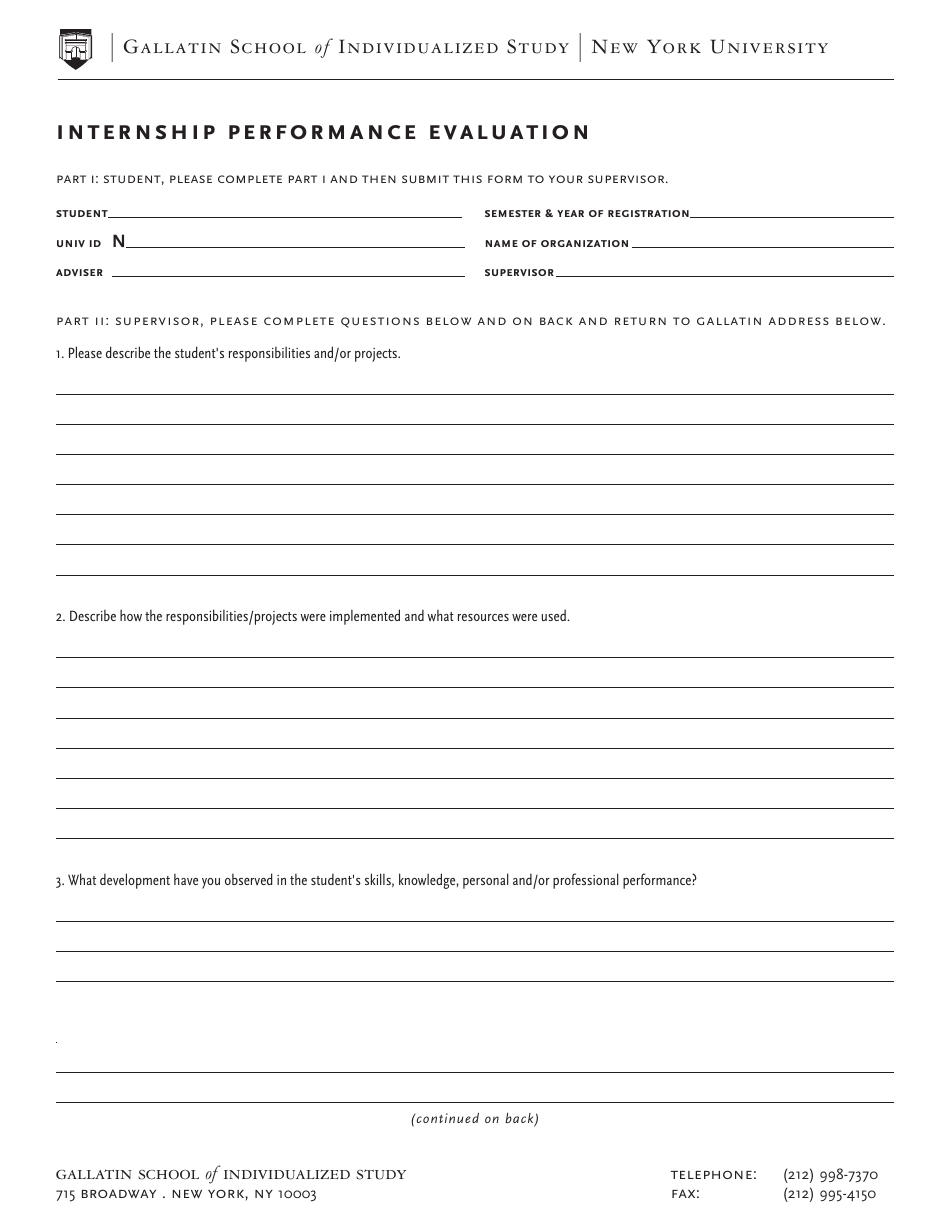 Internship Performance Evaluation Form - New York University, Page 1