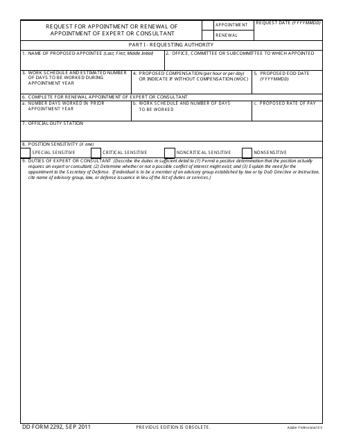 DD Form 2292  Printable Pdf