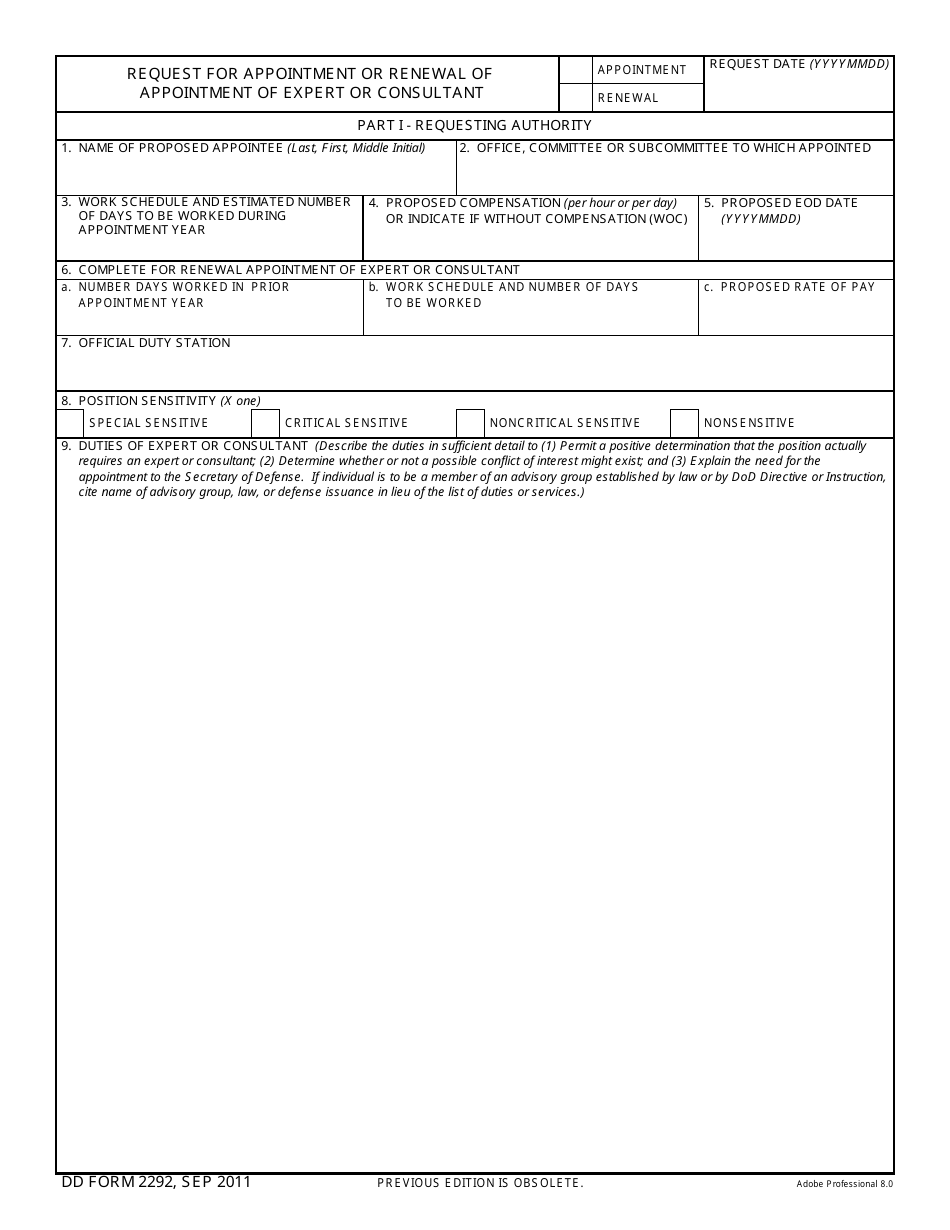 DD Form 2292 Request for Appointment or Renewal of Appointment of Expert or Consultant, Page 1