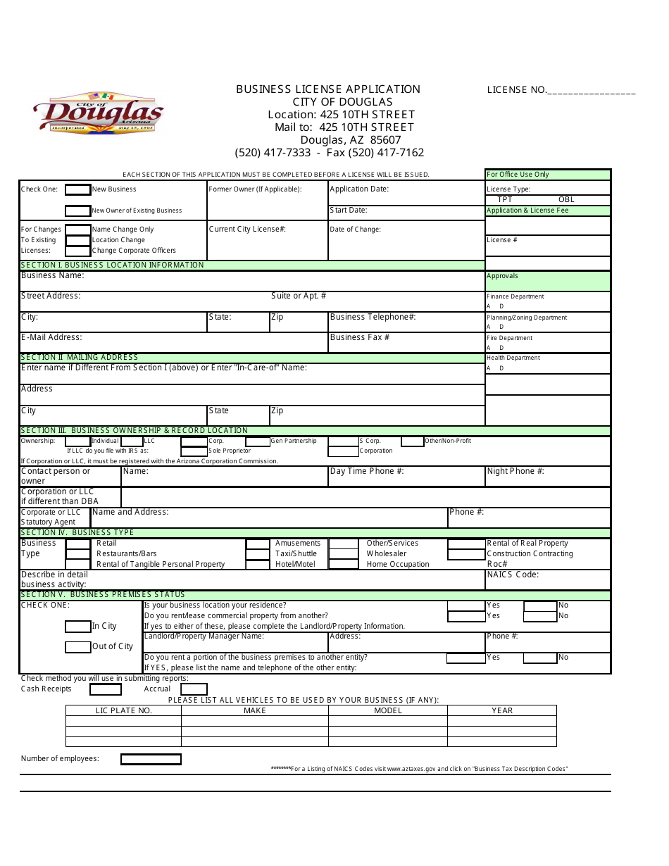 Business License Application Form - City of Douglas, Arizona, Page 1