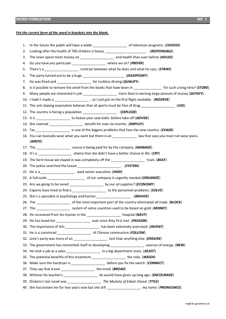 &quot;Word Formation Worksheet With Answer Key&quot; Download Pdf